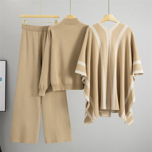 Women’s knitwear set with sweater, pants, and poncho perfect fall brunch outfit or casual chic dinner look in cozy luxe style, co-ord set women, fall winter women’s knitwear, The Effortless Knit Trio cozy, chic, and totally put-together.