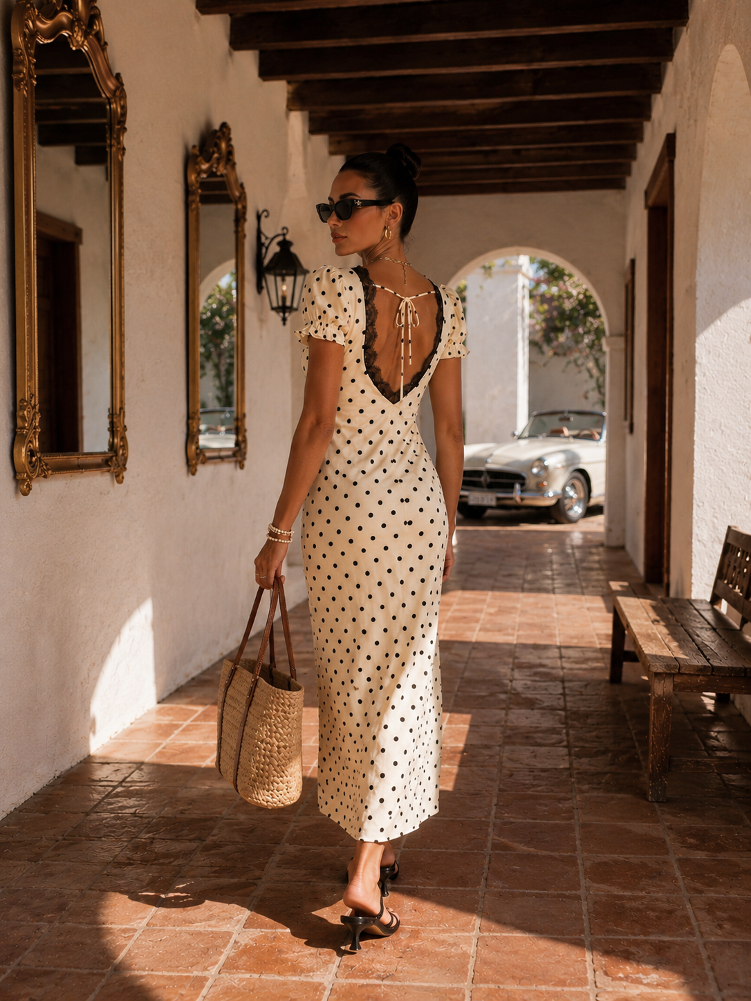 empire waist V-back maxi dress, lace back maxi dress, vineyard wedding dress, bridal luncheon dress, Lace trim maxi dress with open V-back tie detail and feminine empire waist shaping, ideal for vineyard wedding guest polka dot styling and elegant old money summer dress inspiration, date night dress maxi, beach wedding ivory maxi dress.