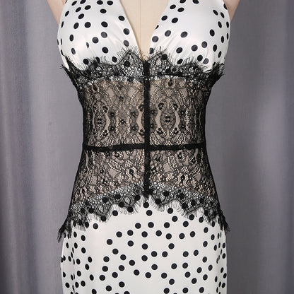 Aurora Elegant White & Black Polka Dot Halter Maxi Dress – Lace Corset Waist Open-Back Wedding Guest & Cocktail Party Dress