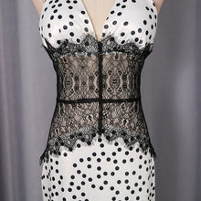 Load image into Gallery viewer, Aurora White Black Polka Dot Lace Corset Waist Halter Open-Back Maxi Dress - for wedding guests, cocktail and evenings parties