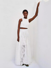 Load image into Gallery viewer, top and skirt set, two piece skirt set, two piece crochet set
crop top and skirt set, lace dress, two piece dress, two piece maxi dress , co ord skirt set, white lace dress, white eyelet dress, skirt and top set, white matching sets women, beach maxi dress.
