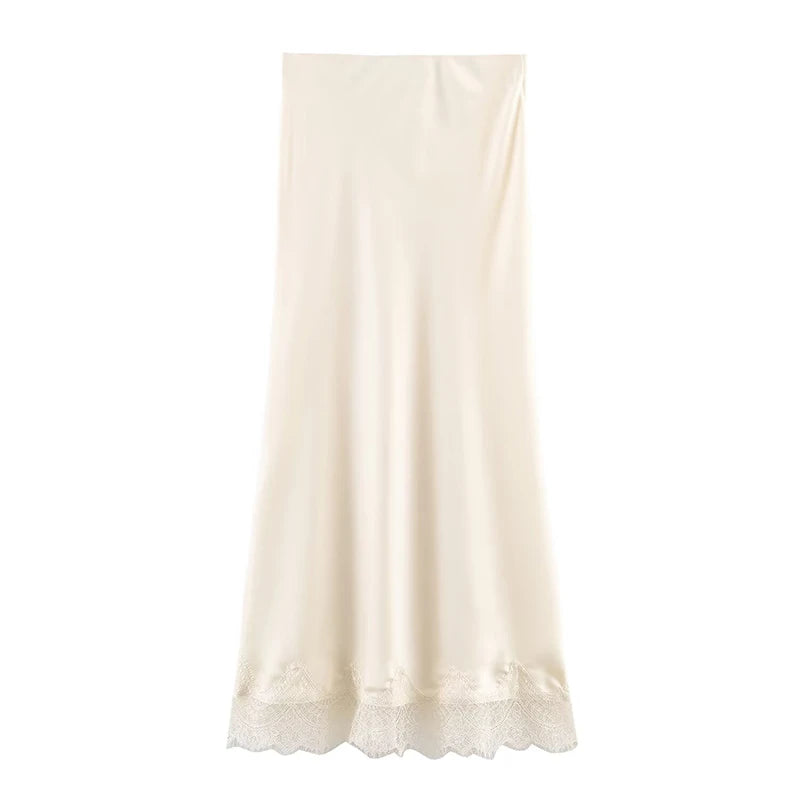 satin midi skirt with lace trim, lace hem midi skirt outfit women, bias cut satin skirt outfit, high waisted satin midi skirt, elegant lace trim skirt outfit, silk satin skirt outfit women, ivory satin midi skirt outfit aesthetic, minimalist midi skirt outfit women.