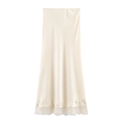 satin midi skirt with lace trim, lace hem midi skirt outfit women, bias cut satin skirt outfit, high waisted satin midi skirt, elegant lace trim skirt outfit, silk satin skirt outfit women, ivory satin midi skirt outfit aesthetic, minimalist midi skirt outfit women.