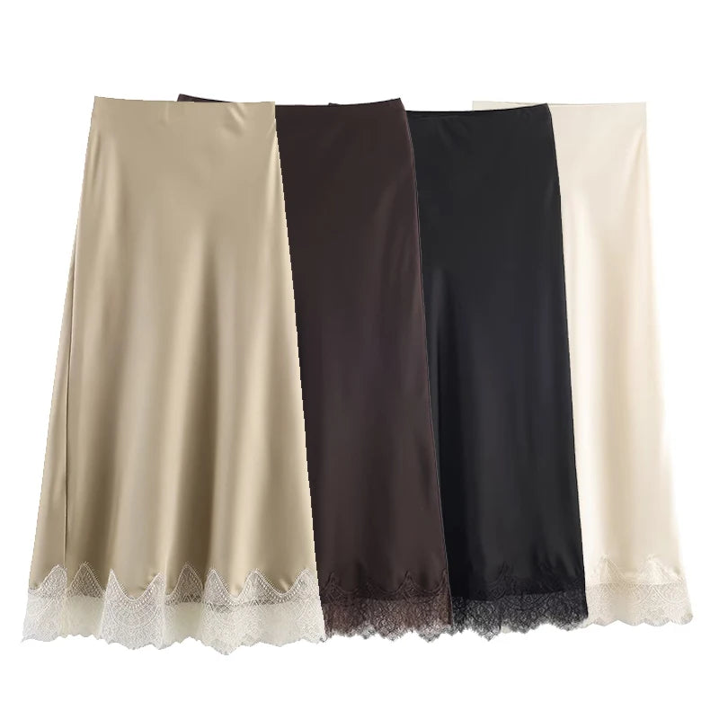 dark brown satin midi skirt with lace hem, tailored satin midi skirt, Lace trim midi skirt women satin, fluid drape texture with bias cut silhouette, high waist elegant midi length fit, lace hem midi skirt outfit women for business casual workwear outfits, minimalist midi skirt outfit women, bias cut skirt.