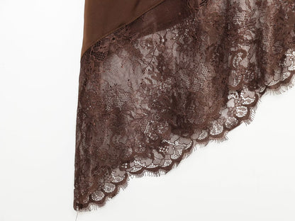 Amalfi High Neck Asymmetric Halter Lace-Hem Top | Elegant Satin Evening Halter Top