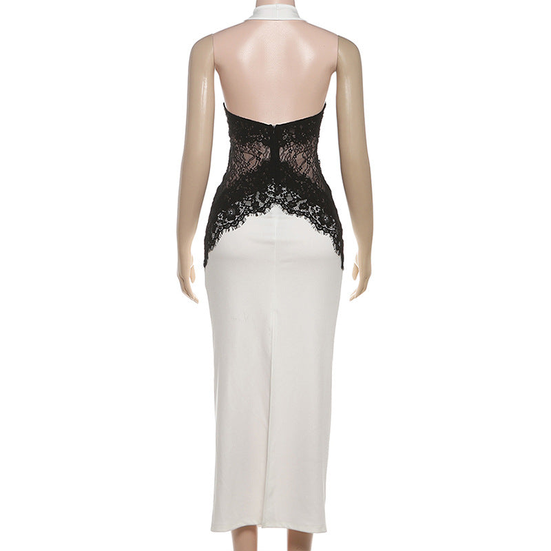 Classy Contrast Lace Halter Bodycon Midi Dress – Formal Evening Dress | Cocktail party dress