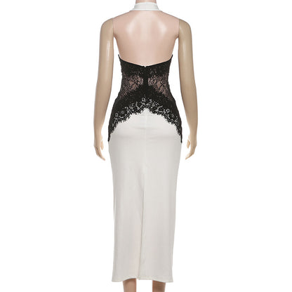 Classy Contrast Lace Halter Bodycon Midi Dress – Formal Evening Dress | Cocktail party dress