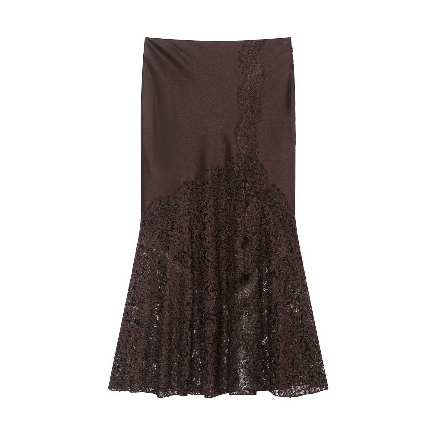 Amelia Brown Satin Midi Skirt | Lace work Satin slip skirt | Elegant Lace Midi Skirt