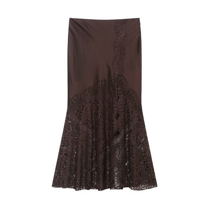 Amelia Brown Satin Midi Skirt | Lace work Satin slip skirt | Elegant Lace Midi Skirt