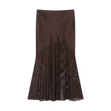 Load image into Gallery viewer, Amelia Brown Satin Midi Skirt | Lace work Satin slip skirt | Elegant Lace Midi Skirt