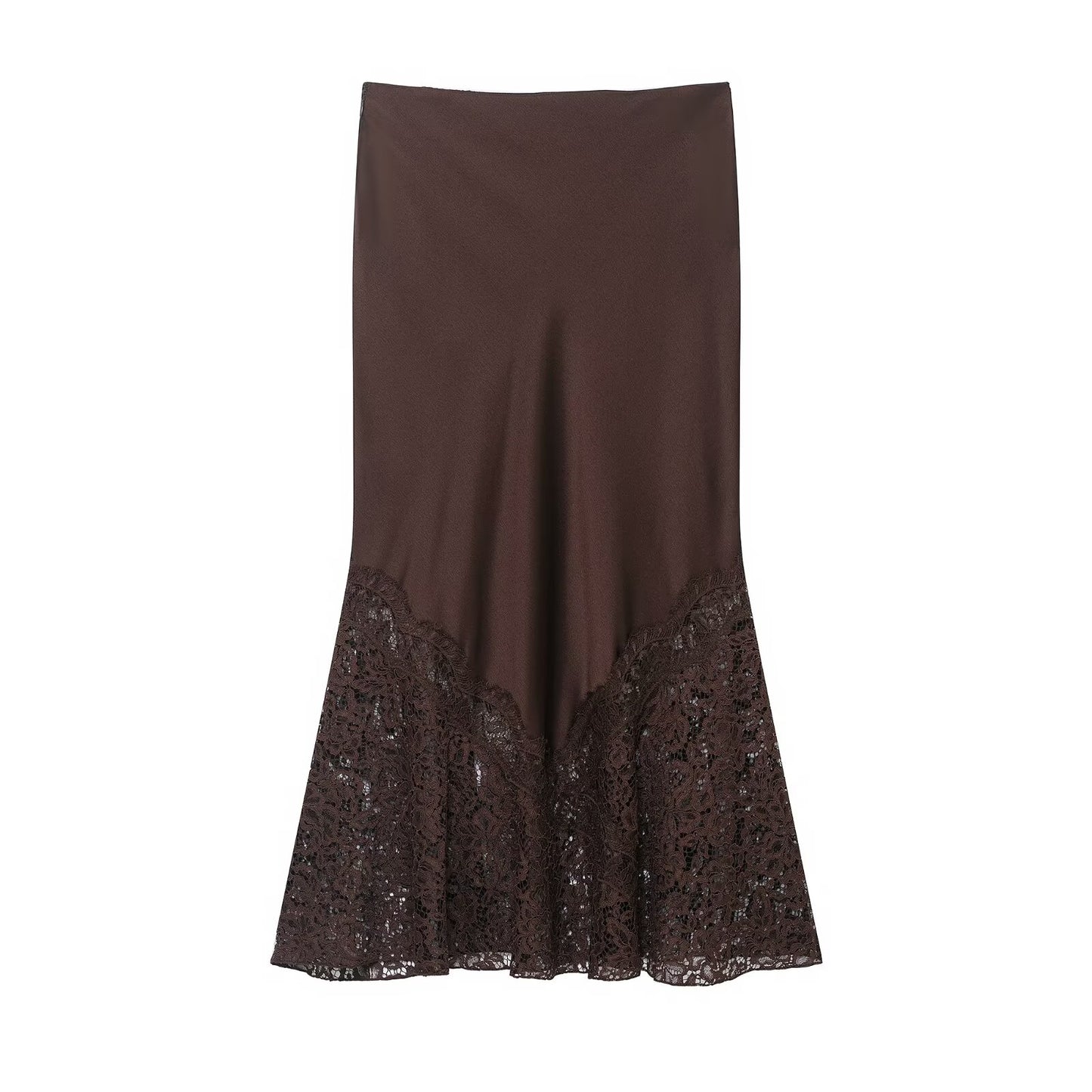 Amelia Brown Satin Midi Skirt | Lace work Satin slip skirt | Elegant Lace Midi Skirt