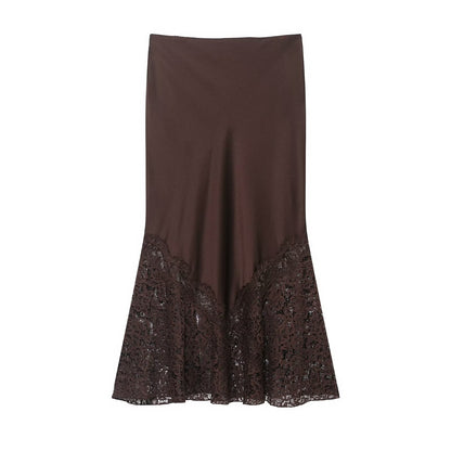 Amelia Brown Satin Midi Skirt | Lace work Satin slip skirt | Elegant Lace Midi Skirt