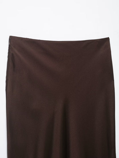 Amelia Brown Satin Midi Skirt | Lace work Satin slip skirt | Elegant Lace Midi Skirt