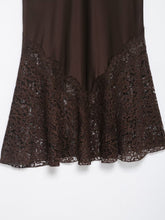 Load image into Gallery viewer, Amelia Brown Satin Midi Skirt | Lace work Satin slip skirt | Elegant Lace Midi Skirt