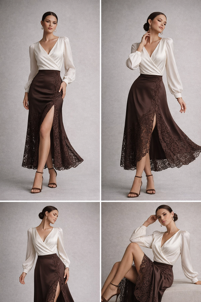 elegant satin midi skirt outfit, Lace hem satin midi skirt, silky satin texture with feminine midi skirt styling, softly flared hem silhouette, satin midi skirt for business casual outfit, suited for office wear styling, chocolate brown outfit, business casual midi skirt, midi satin skirt with lace hem.