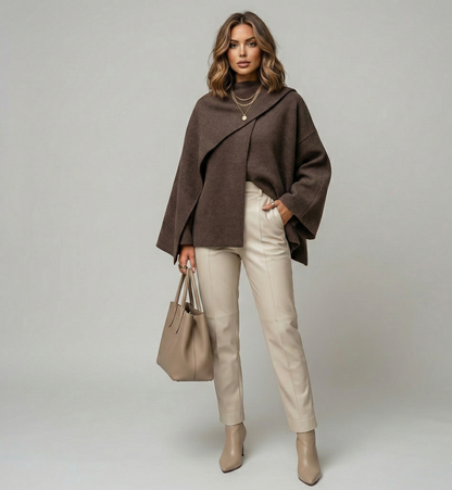 shawl collar coat women, layered cape jacket coat for women, old money winter coat, Layered sweater women featuring cape silhouette and asymmetric collar, ideal quiet luxury outfits women and office-ready work sweaters for women.