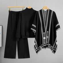 Load image into Gallery viewer, knitted poncho with geometric detail, Mock neck sweater and wide-leg knit pants with poncho  3 piece knit set for women, knit co-ord set women, ideal for airport lounge or vacation outfit, The All-Day Knit Set, co-ord knit set, layered winter fashion.