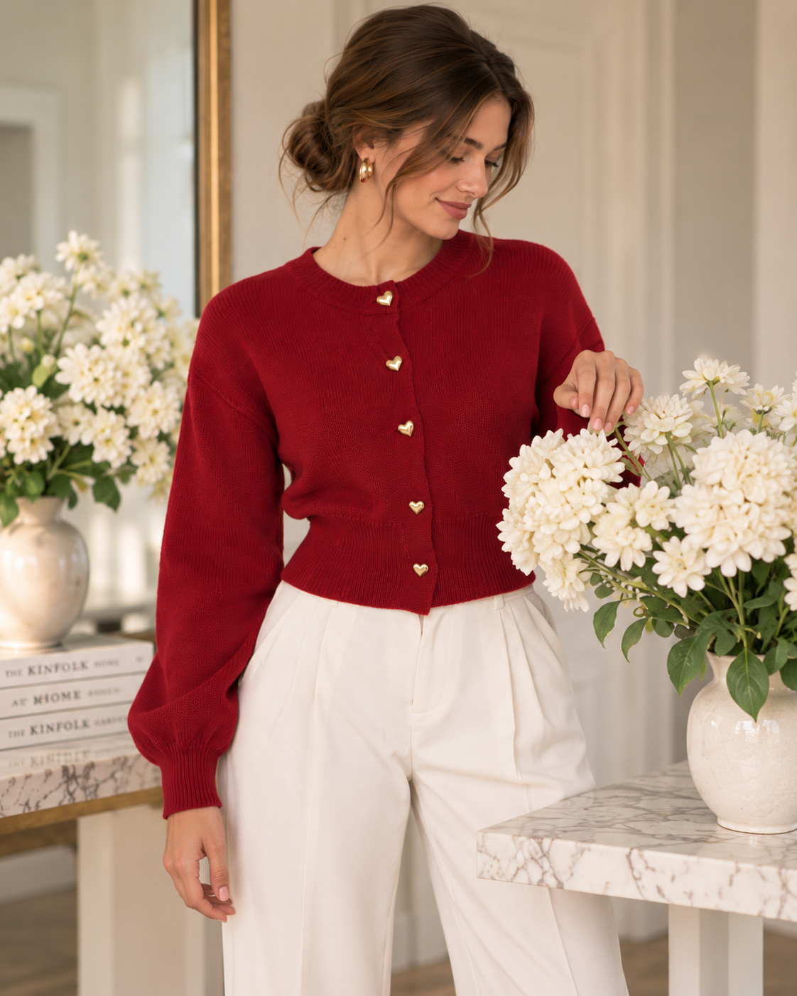 women's heart button cardigan in rich burgundy ribbed knit with gold-tone heart buttons. A fitted fall sweater for polished everyday layering. office cardigan, workwear knitwear, date night sweater, brunch outfit cardigan, weekend cardigan, autumn office wear