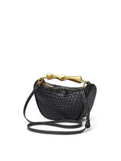 black half moon bag, Sculpted handle woven pu leather bucket bag, summer straw purse for brunch outfit, raffia tote bag, lightweight casual chic look.