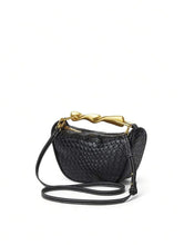 Load image into Gallery viewer, black half moon bag, Sculpted handle woven pu leather bucket bag, summer straw purse for brunch outfit, raffia tote bag, lightweight casual chic look.