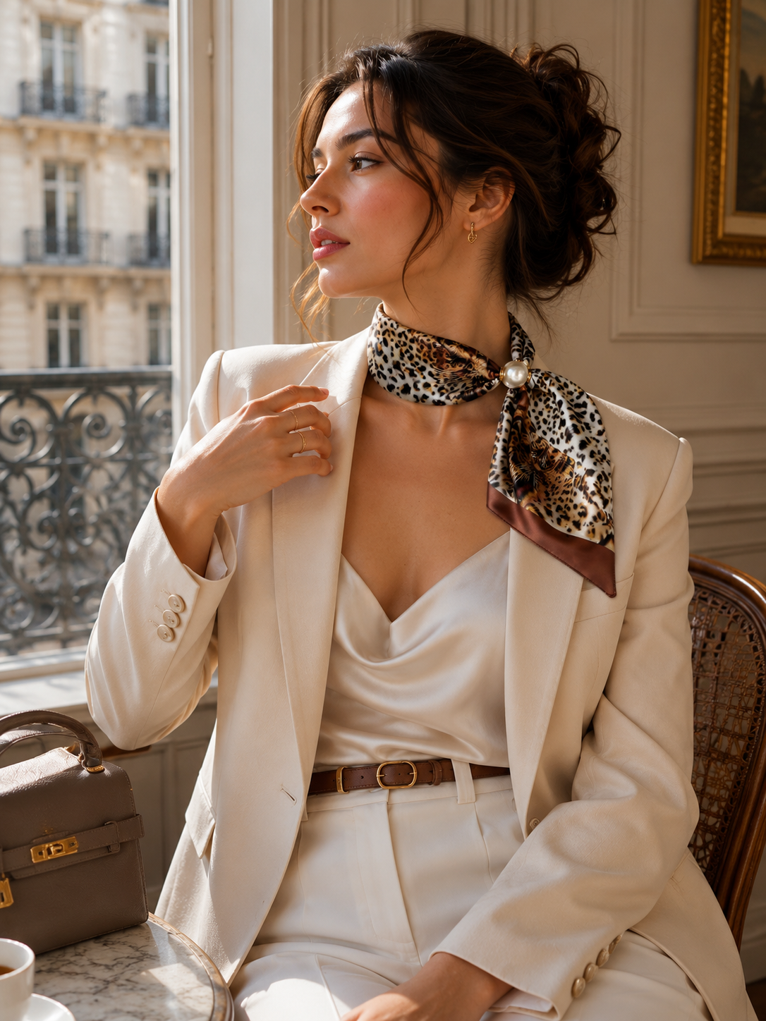 Printed faux silk neck scarf with a magnetic pearl fastening, perfect for women looking for an easy-to-wear scarf necklace to pair with blazers, shirts, and knitwear.