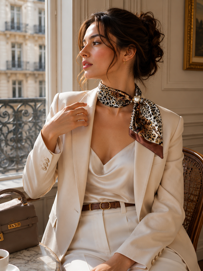 Printed faux silk neck scarf with a magnetic pearl fastening, perfect for women looking for an easy-to-wear scarf necklace to pair with blazers, shirts, and knitwear.