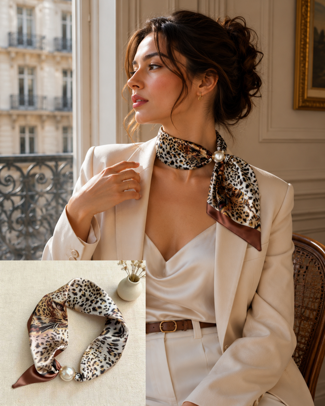 Women's printed scarf necklace with a soft silk-feel texture, decorative pearl clasp, and lightweight construction, designed as a modern no-tie neck scarf.