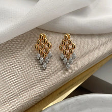 Load image into Gallery viewer, lightweight drop earrings, minimalist gold earrings, bold statement earrings, Chic gold drop earrings with a modern geometric rhombus design and crystal detailing. Lightweight statement earrings for women, perfect for workwear styling, parties, date nights, and formal occasions.