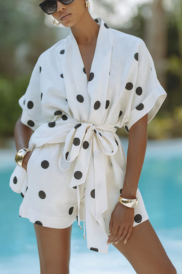 linen polka dot set, polka dot kimono set women, Chic linen two piece shirt and shorts set for women in white polka dots breathable minimalist summer outfit ideal for resort wear 2025 and Pinterest vacation style inspo, belted wrap shirt set, belted wrap kimono top women.