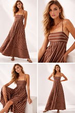 Load image into Gallery viewer, vertical stripe maxi, cream stripe brown dress, summer maxi dress women, long flowy island dress, chocolate brown striped maxi dress, fitted bodice flare skirt maxi, high waist striped maxi dress, striped maxi curvy women, quiet luxury maxi dress