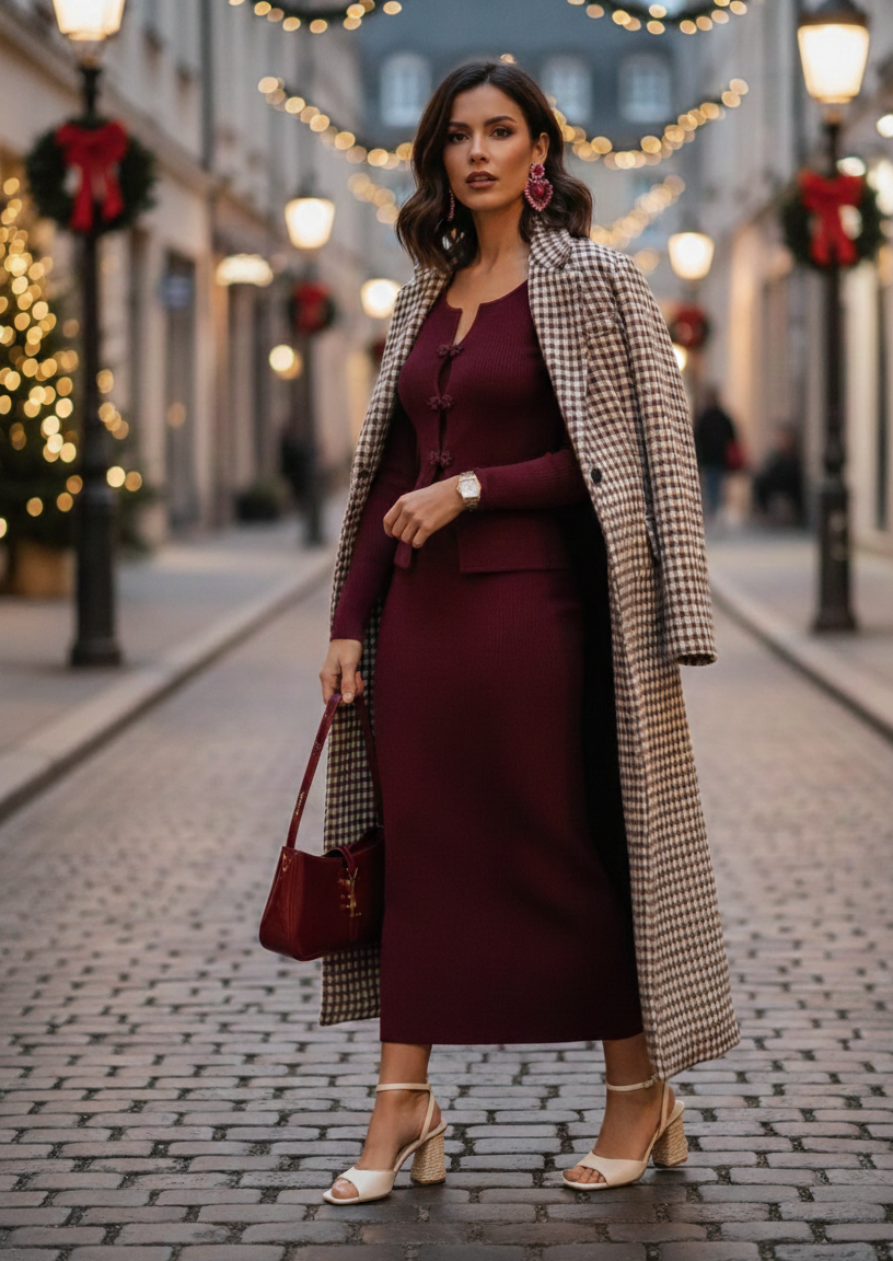 fall plaid coat outfit, Rich beige brown plaid wool coat for women featuring a tailored longline silhouette, double-breasted front, and notched lapel design the perfect quiet luxury fall plaid coat outfit look, long plaid coat, plaid trench coat for women.