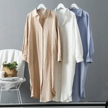 Load image into Gallery viewer, casual shirt dress, long shirt dress, summer shirt dress, casual office shirt dress women, button down shirt dress, Shirt dress midi in cotton linen shirt dress midi length design, oversized shirt dress fit with button down shirt dress detail for casual office shirt dress women styling.
