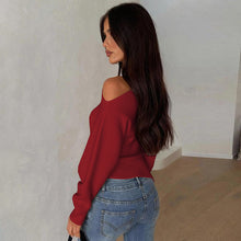Load image into Gallery viewer, Asymmetrical off-shoulder blouse with sculptural drape, chic minimalist top for cocktail parties, autumn brunch outfit ideas, and work-to-dinner transitional fashion, long sleeve asymmetrical top