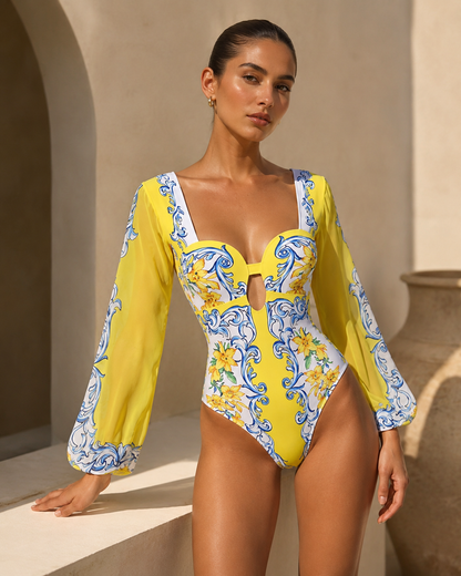 long sleeve swimsuit, beach outfit women, one piece swimsuit with skirt cover up set, mediterranean print resort wear dress set, high cut swimsuit with cover up skirt, one piece swimsuit for petite women, printed swimsuit set, statement swimwear outfit.