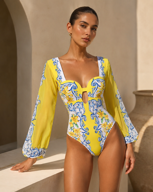 long sleeve swimsuit, beach outfit women, one piece swimsuit with skirt cover up set, mediterranean print resort wear dress set, high cut swimsuit with cover up skirt, one piece swimsuit for petite women, printed swimsuit set, statement swimwear outfit.