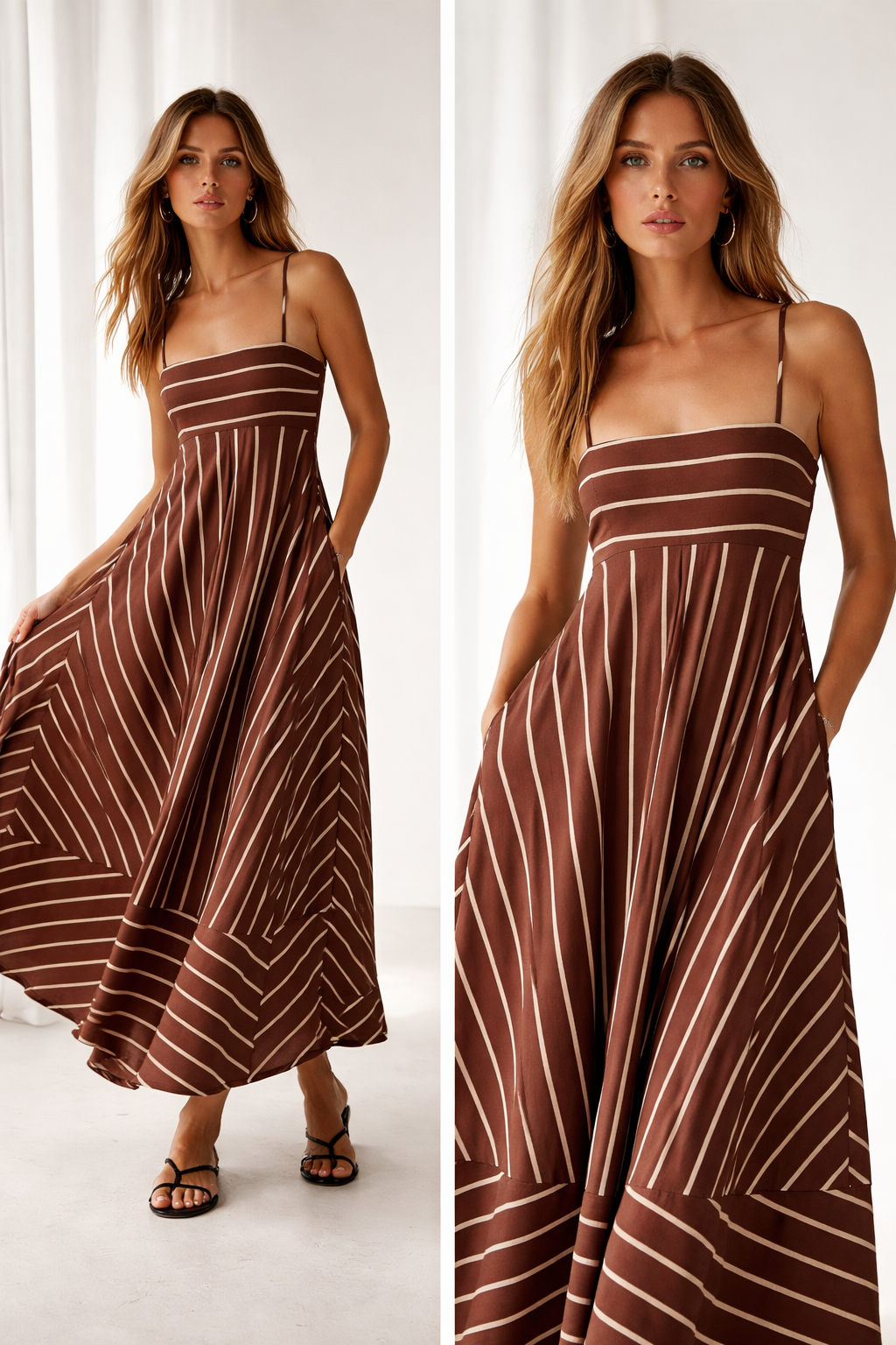 long striped maxi dress, flare maxi dress, spaghetti strap maxi, striped maxi dress with fitted bodice and vertical cream stripe skirt, flare maxi dress silhouette, spaghetti strap maxi ideal for summer evening striped maxi or wedding guest striped dress styling.