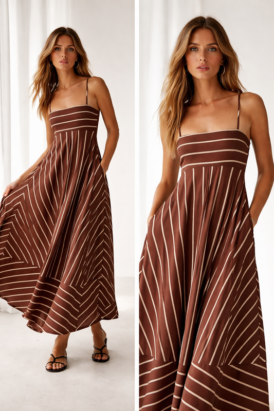 long striped maxi dress, flare maxi dress, spaghetti strap maxi, striped maxi dress with fitted bodice and vertical cream stripe skirt, flare maxi dress silhouette, spaghetti strap maxi ideal for summer evening striped maxi or wedding guest striped dress styling.