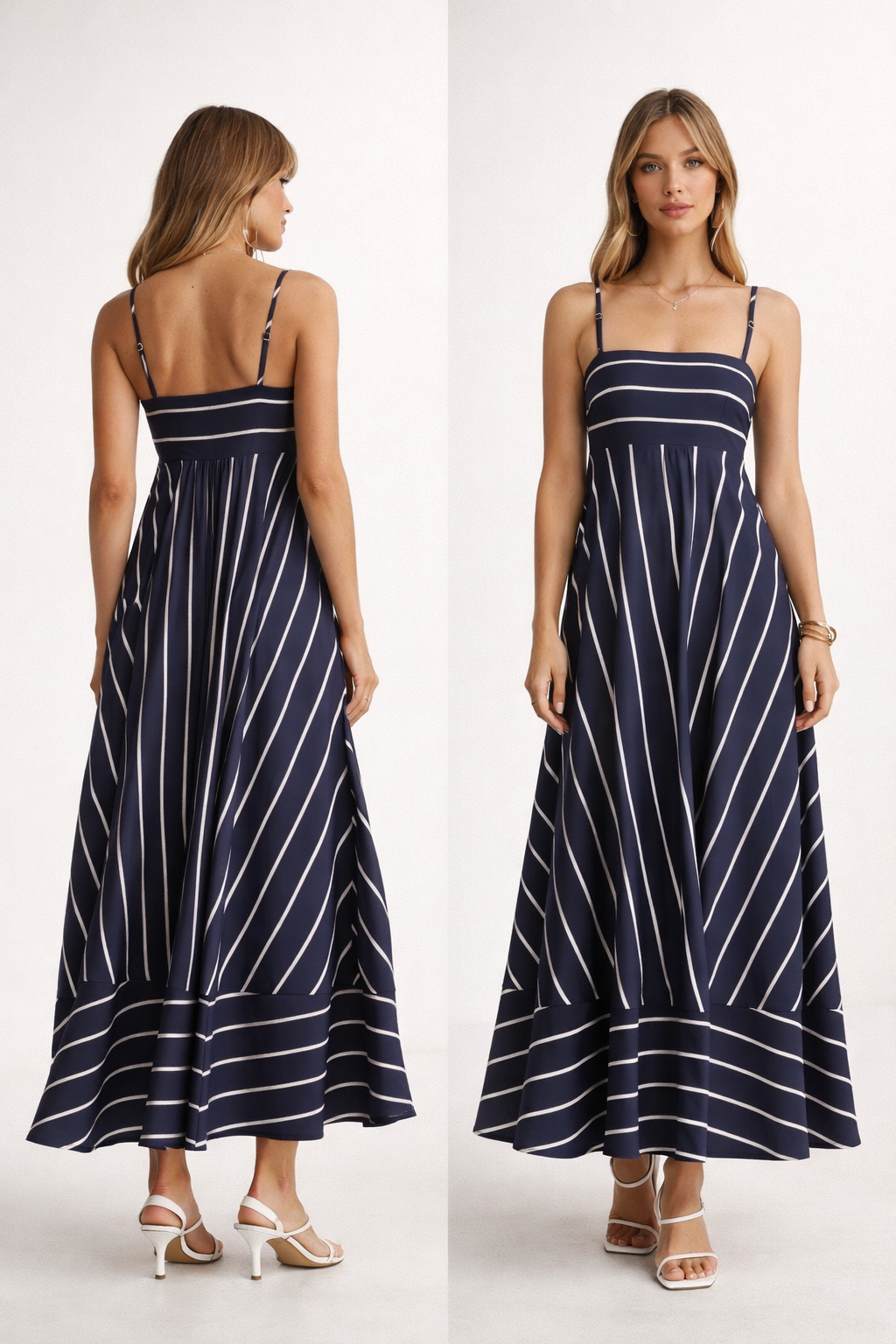 A line striped high waist maxi, spaghetti strap maxi, Spaghetti strap striped maxi with vertical stripe maxi skirt and structured upper, navy blue maxi dress with A-line sweep, breathable striped maxi dress for summer evening striped maxi occasions, long flowy summer maxi dress women.