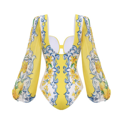 Capri Boho Print One Piece Swimsuit With Skirt Cover Up Set-Women Resort Wear Beach Outfit