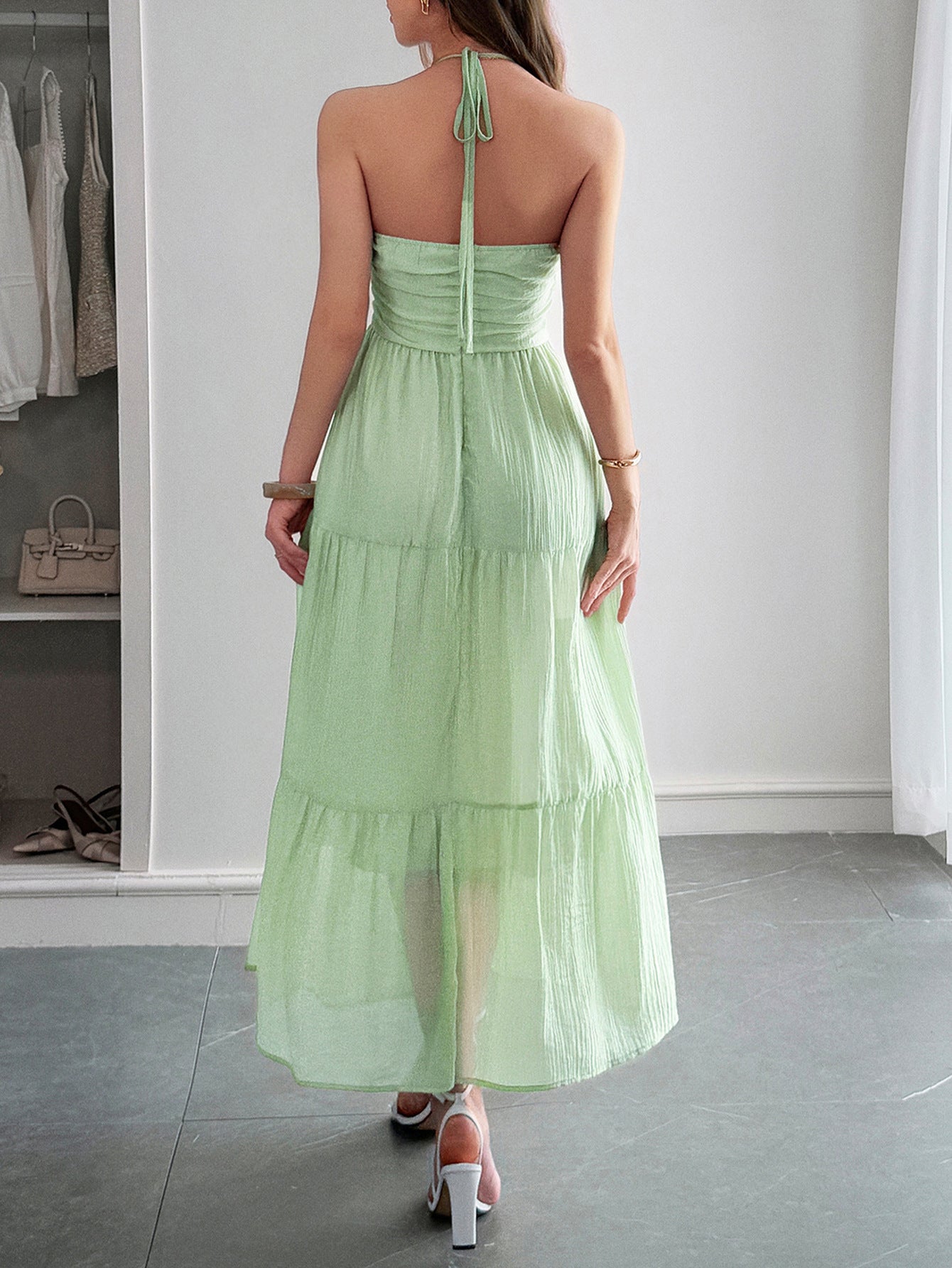 low back halterneck ruffle tiered maxi dress for women. Beautiful A line flowy maxi sundress for womens summer dresses.