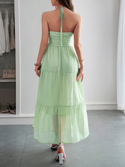 low back halterneck ruffle tiered maxi dress for women. Beautiful A line flowy maxi sundress for womens summer dresses.