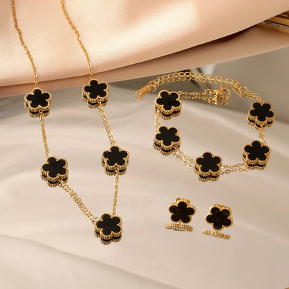 everyday gold jewelry set women Clover motif jewelry set, polished gold-tone finish with charm jewelry set styling, layered delicate chain silhouette, old money aesthetic clover jewelry set women, formal dinner jewelry accessory, lightweight jewelry set for travel, clover jewelry set