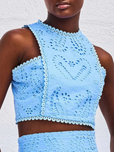 Load image into Gallery viewer, crop top and skirt set, two piece co-ord set, matching skirt and top set, eyelet co-ord set, summer co-ord outfit, matching set for women.
