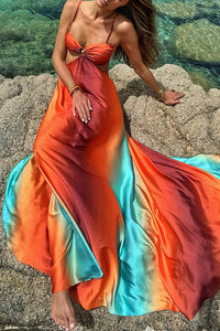 Sexy Sling Gradient Color Island Dress Beach Dress, flowy maxi sundress, cutout maxi dress, long summer maxi dresses for women, best summer dresses for women usa.