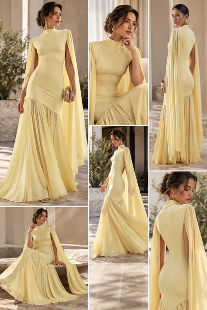Mesh formal wedding guest dress, cape sleeves evening gown, high neck floor length gown, Yellow statement sleeve gown for women with a fitted bodice, high neckline, flowing cape overlay and floor-length pleated skirt, creating an elegant formal maxi dress for weddings, receptions and evening events.