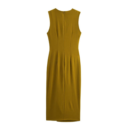 Amy Draped Midi Dress | Mustard Gold Semi formal Midi with Metallic Details | Work-to-Evening & Date Night Dress