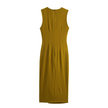 Load image into Gallery viewer, Amy Draped Midi Dress | Mustard Gold Semi formal Midi with Metallic Details | Work-to-Evening &amp; Date Night Dress | Cocktail Dress