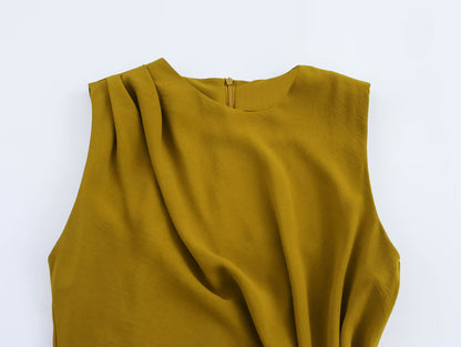 Amy Draped Midi Dress | Mustard Gold Semi formal Midi with Metallic Details | Work-to-Evening & Date Night Dress