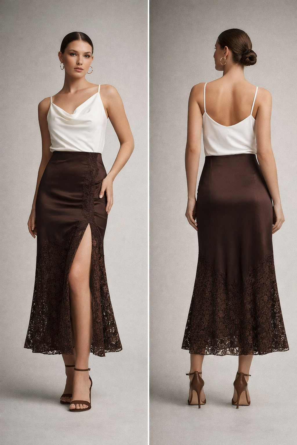 midi satin skirt with lace hem, lace trim satin skirt outfit, flared satin midi skirt, satin slip midi skirt, Chocolate brown satin midi skirt, smooth satin finish with romantic lace trim skirt styling, fitted midi silhouette, satin midi skirt for women over 30 outfit, perfect for quiet luxury styling.