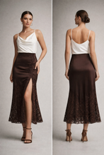 Load image into Gallery viewer, midi satin skirt with lace hem, lace trim satin skirt outfit, flared satin midi skirt, satin slip midi skirt, Chocolate brown satin midi skirt, smooth satin finish with romantic lace trim skirt styling, fitted midi silhouette, satin midi skirt for women over 30 outfit, perfect for quiet luxury styling.